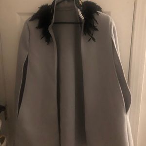 Shein grey cape with black feathers & gold